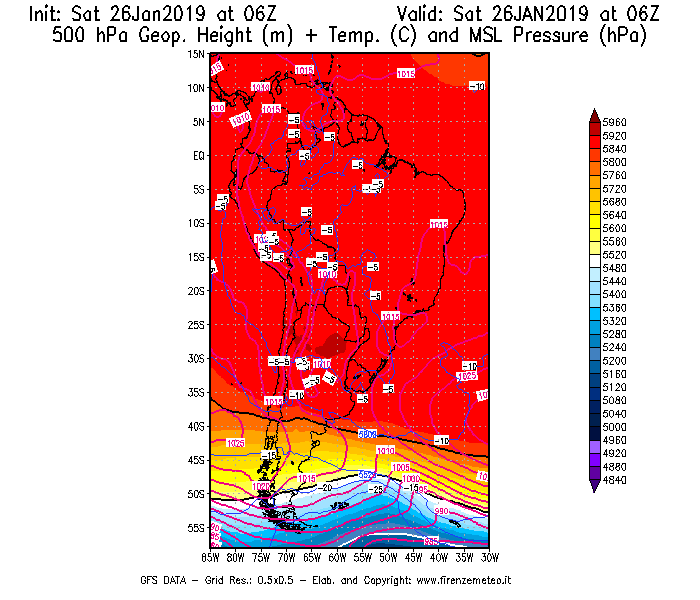 Mappa di analisi GFS - Geopotenziale [m] + Temp. [°C] a 500 hPa + Press. a livello del mare [hPa] in Sud-America
									del 26/01/2019 06 <!--googleoff: index-->UTC<!--googleon: index-->