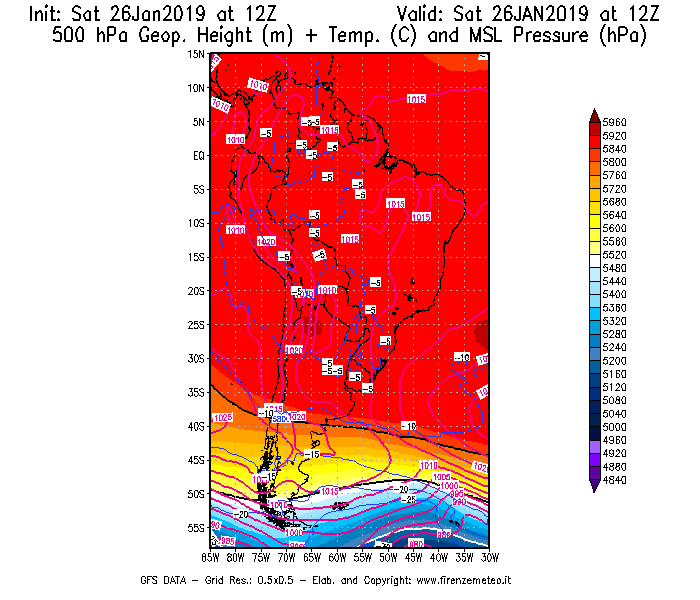 Mappa di analisi GFS - Geopotenziale [m] + Temp. [°C] a 500 hPa + Press. a livello del mare [hPa] in Sud-America
									del 26/01/2019 12 <!--googleoff: index-->UTC<!--googleon: index-->