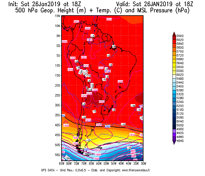 Mappa di analisi GFS - Geopotenziale [m] + Temp. [°C] a 500 hPa + Press. a livello del mare [hPa] in Sud-America
									del 26/01/2019 18 <!--googleoff: index-->UTC<!--googleon: index-->