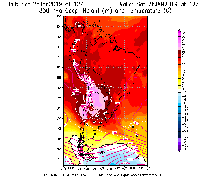 Mappa di analisi GFS - Geopotenziale [m] e Temperatura [°C] a 850 hPa in Sud-America
							del 26/01/2019 12 <!--googleoff: index-->UTC<!--googleon: index-->