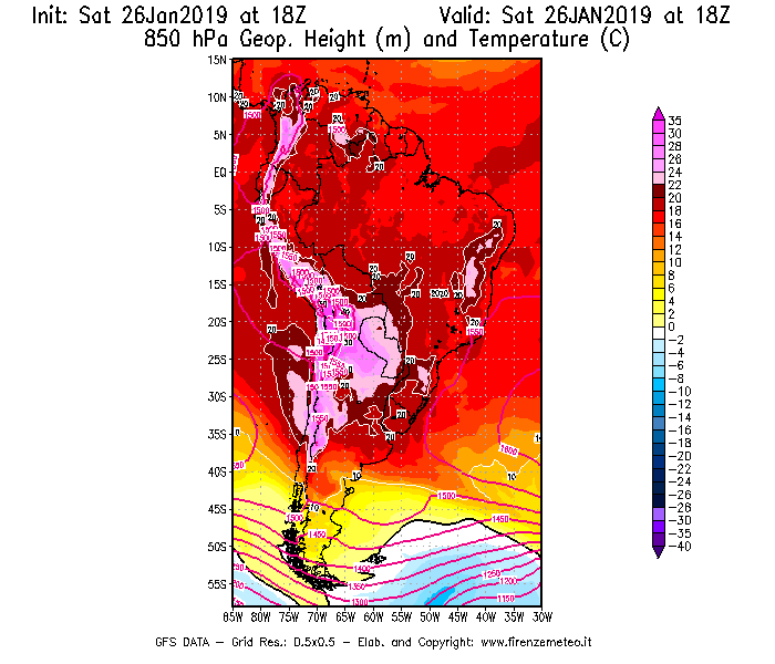 Mappa di analisi GFS - Geopotenziale [m] e Temperatura [°C] a 850 hPa in Sud-America
									del 26/01/2019 18 <!--googleoff: index-->UTC<!--googleon: index-->