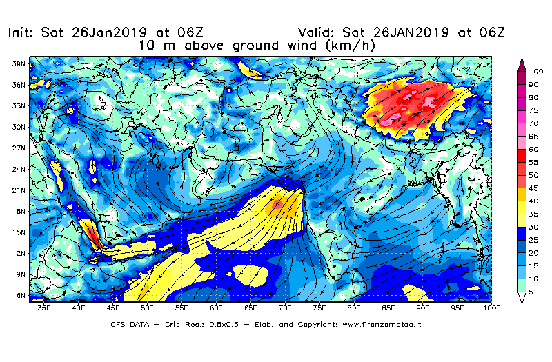 Mappa di analisi GFS - Velocità del vento a 10 metri dal suolo [km/h] in Asia Sud-Occidentale
							del 26/01/2019 06 <!--googleoff: index-->UTC<!--googleon: index-->