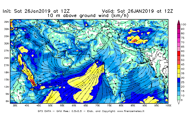 Mappa di analisi GFS - Velocità del vento a 10 metri dal suolo [km/h] in Asia Sud-Occidentale
									del 26/01/2019 12 <!--googleoff: index-->UTC<!--googleon: index-->