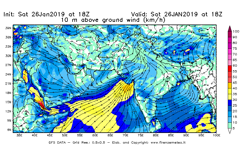 Mappa di analisi GFS - Velocità del vento a 10 metri dal suolo [km/h] in Asia Sud-Occidentale
							del 26/01/2019 18 <!--googleoff: index-->UTC<!--googleon: index-->