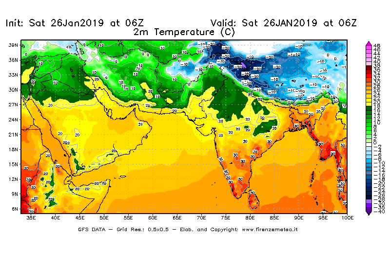 Mappa di analisi GFS - Temperatura a 2 metri dal suolo [°C] in Asia Sud-Occidentale
									del 26/01/2019 06 <!--googleoff: index-->UTC<!--googleon: index-->