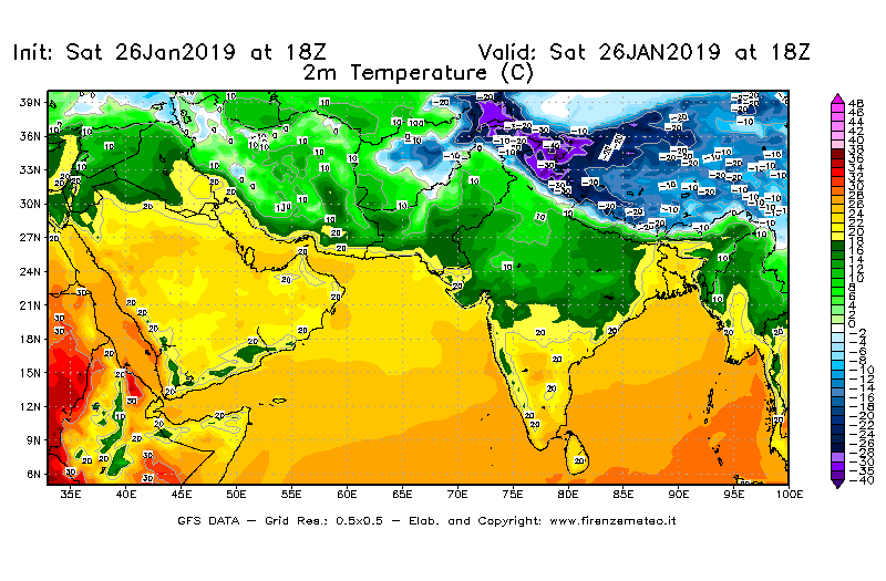 Mappa di analisi GFS - Temperatura a 2 metri dal suolo [°C] in Asia Sud-Occidentale
									del 26/01/2019 18 <!--googleoff: index-->UTC<!--googleon: index-->