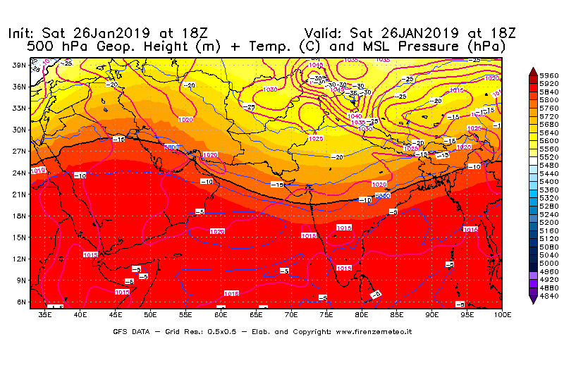 Mappa di analisi GFS - Geopotenziale [m] + Temp. [°C] a 500 hPa + Press. a livello del mare [hPa] in Asia Sud-Occidentale
							del 26/01/2019 18 <!--googleoff: index-->UTC<!--googleon: index-->
