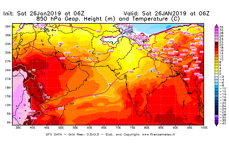 Mappa di analisi GFS - Geopotenziale [m] e Temperatura [°C] a 850 hPa in Asia Sud-Occidentale
									del 26/01/2019 06 <!--googleoff: index-->UTC<!--googleon: index-->
