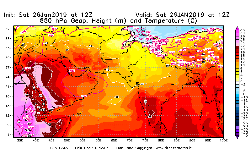 Mappa di analisi GFS - Geopotenziale [m] e Temperatura [°C] a 850 hPa in Asia Sud-Occidentale
							del 26/01/2019 12 <!--googleoff: index-->UTC<!--googleon: index-->
