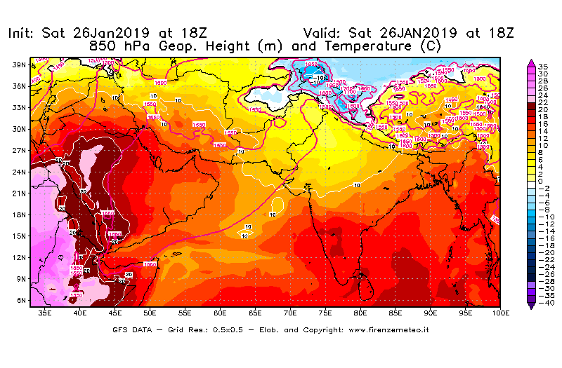 Mappa di analisi GFS - Geopotenziale [m] e Temperatura [°C] a 850 hPa in Asia Sud-Occidentale
							del 26/01/2019 18 <!--googleoff: index-->UTC<!--googleon: index-->