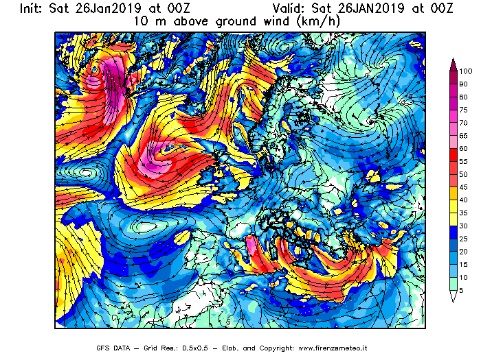 Mappa di analisi GFS - Velocità del vento a 10 metri dal suolo [km/h] in Europa
							del 26/01/2019 00 <!--googleoff: index-->UTC<!--googleon: index-->