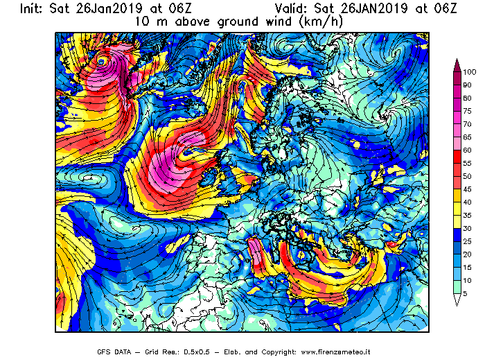 Mappa di analisi GFS - Velocità del vento a 10 metri dal suolo [km/h] in Europa
							del 26/01/2019 06 <!--googleoff: index-->UTC<!--googleon: index-->