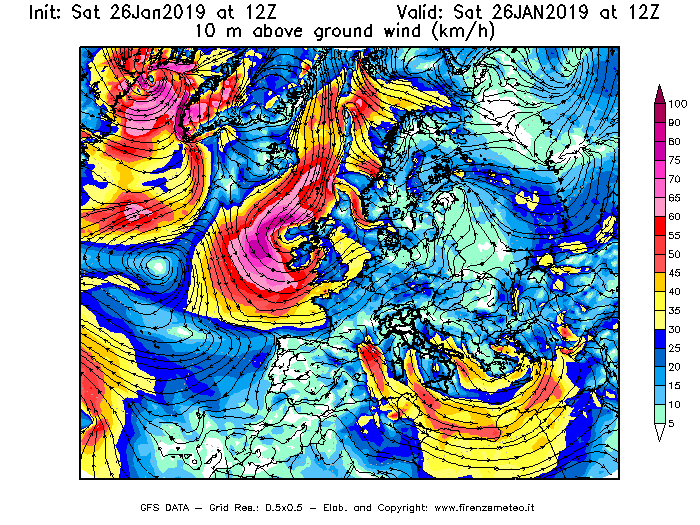 Mappa di analisi GFS - Velocità del vento a 10 metri dal suolo [km/h] in Europa
							del 26/01/2019 12 <!--googleoff: index-->UTC<!--googleon: index-->