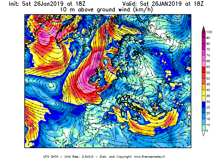 Mappa di analisi GFS - Velocità del vento a 10 metri dal suolo [km/h] in Europa
							del 26/01/2019 18 <!--googleoff: index-->UTC<!--googleon: index-->