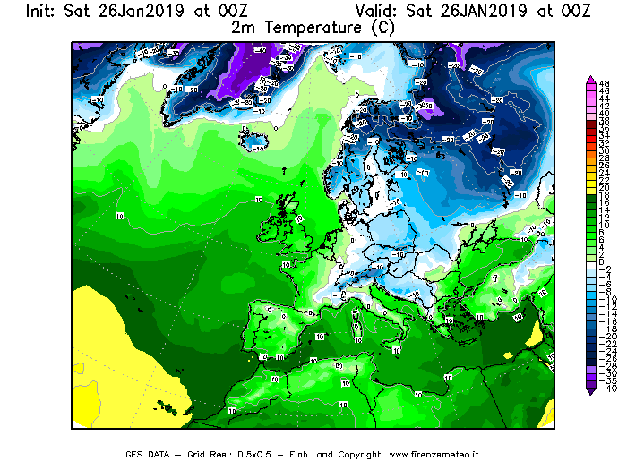 Mappa di analisi GFS - Temperatura a 2 metri dal suolo [°C] in Europa
							del 26/01/2019 00 <!--googleoff: index-->UTC<!--googleon: index-->
