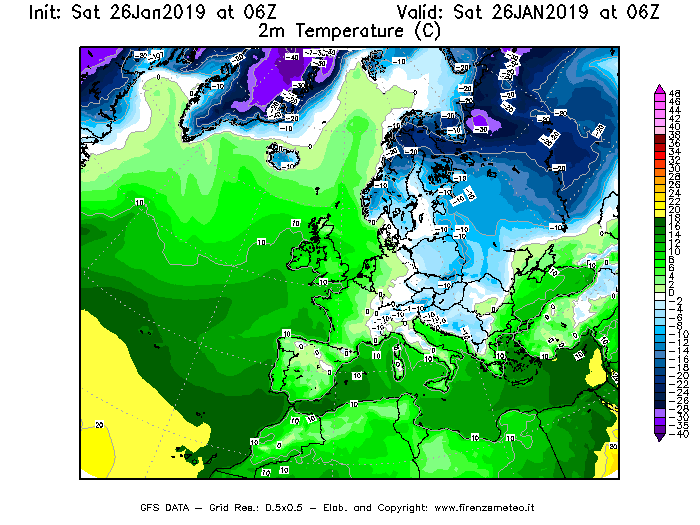 Mappa di analisi GFS - Temperatura a 2 metri dal suolo [°C] in Europa
									del 26/01/2019 06 <!--googleoff: index-->UTC<!--googleon: index-->