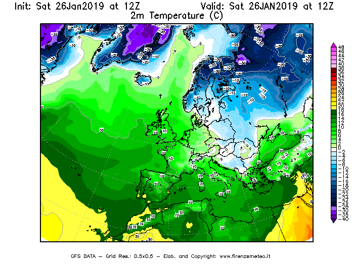Mappa di analisi GFS - Temperatura a 2 metri dal suolo [°C] in Europa
							del 26/01/2019 12 <!--googleoff: index-->UTC<!--googleon: index-->