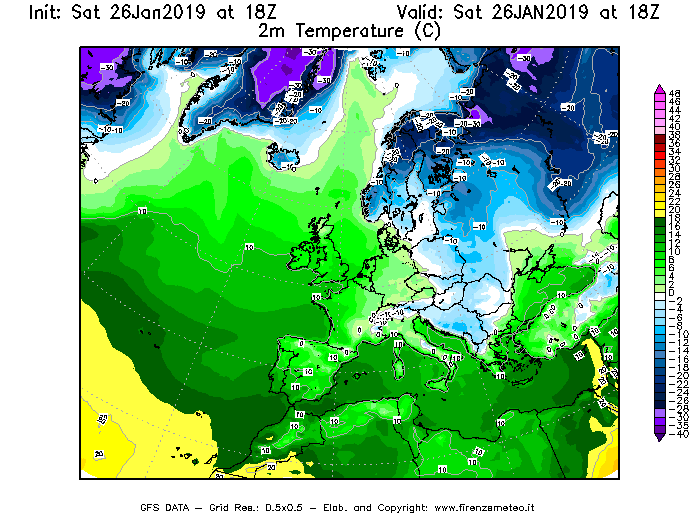 Mappa di analisi GFS - Temperatura a 2 metri dal suolo [°C] in Europa
									del 26/01/2019 18 <!--googleoff: index-->UTC<!--googleon: index-->