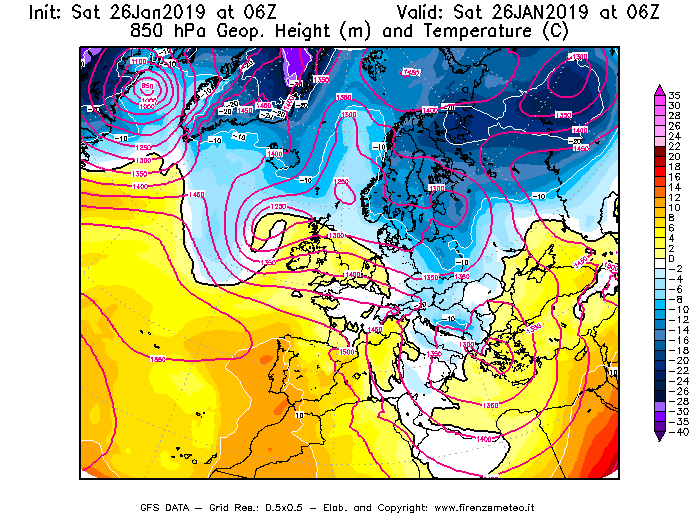 Mappa di analisi GFS - Geopotenziale [m] e Temperatura [°C] a 850 hPa in Europa
									del 26/01/2019 06 <!--googleoff: index-->UTC<!--googleon: index-->