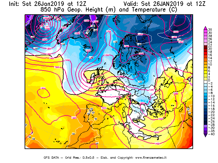 Mappa di analisi GFS - Geopotenziale [m] e Temperatura [°C] a 850 hPa in Europa
									del 26/01/2019 12 <!--googleoff: index-->UTC<!--googleon: index-->