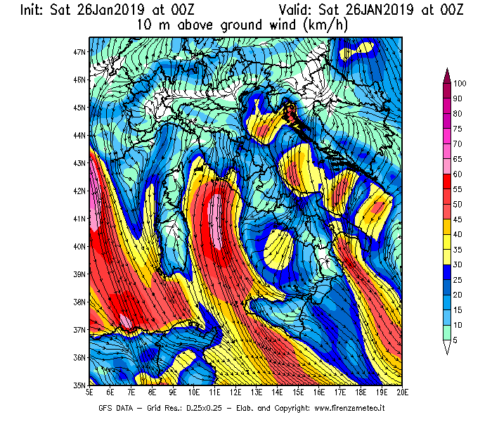 Mappa di analisi GFS - Velocità del vento a 10 metri dal suolo [km/h] in Italia
									del 26/01/2019 00 <!--googleoff: index-->UTC<!--googleon: index-->