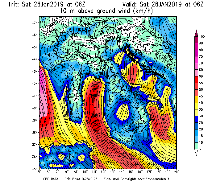 Mappa di analisi GFS - Velocità del vento a 10 metri dal suolo [km/h] in Italia
									del 26/01/2019 06 <!--googleoff: index-->UTC<!--googleon: index-->