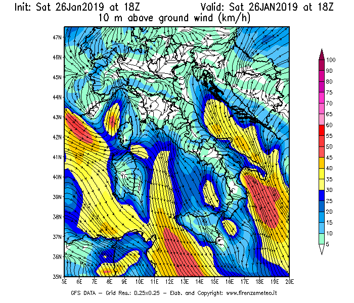 Mappa di analisi GFS - Velocità del vento a 10 metri dal suolo [km/h] in Italia
									del 26/01/2019 18 <!--googleoff: index-->UTC<!--googleon: index-->