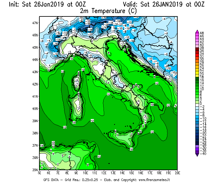 Mappa di analisi GFS - Temperatura a 2 metri dal suolo [°C] in Italia
							del 26/01/2019 00 <!--googleoff: index-->UTC<!--googleon: index-->