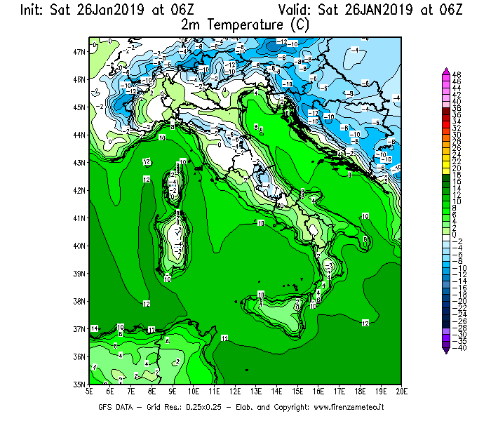 Mappa di analisi GFS - Temperatura a 2 metri dal suolo [°C] in Italia
							del 26/01/2019 06 <!--googleoff: index-->UTC<!--googleon: index-->
