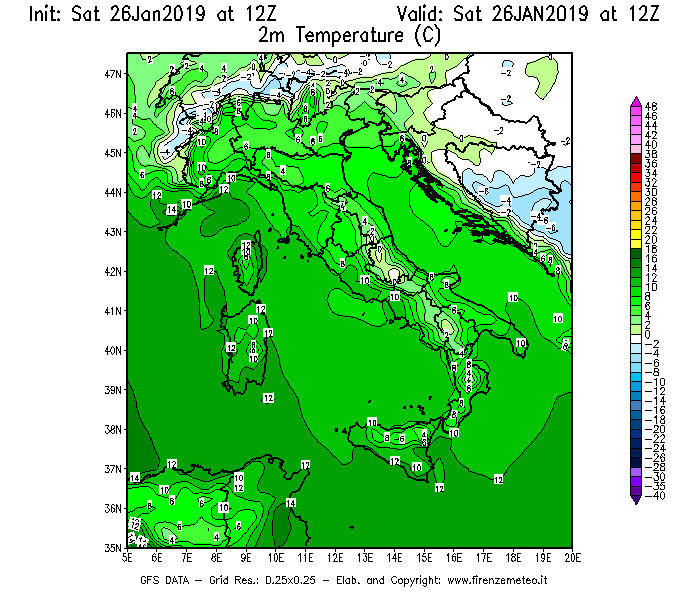 Mappa di analisi GFS - Temperatura a 2 metri dal suolo [°C] in Italia
							del 26/01/2019 12 <!--googleoff: index-->UTC<!--googleon: index-->