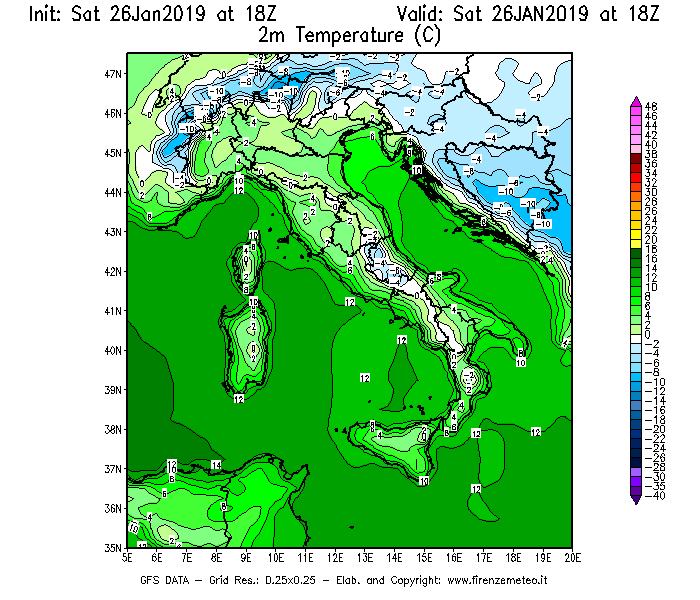 Mappa di analisi GFS - Temperatura a 2 metri dal suolo [°C] in Italia
							del 26/01/2019 18 <!--googleoff: index-->UTC<!--googleon: index-->