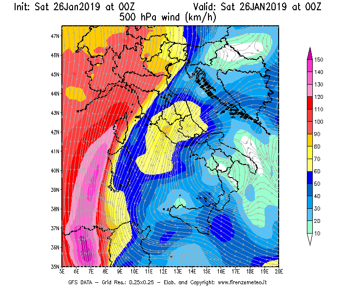 Mappa di analisi GFS - Velocità del vento a 500 hPa [km/h] in Italia
							del 26/01/2019 00 <!--googleoff: index-->UTC<!--googleon: index-->
