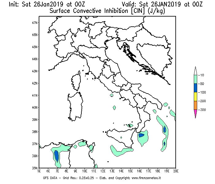 Mappa di analisi GFS - CIN [J/kg] in Italia
									del 26/01/2019 00 <!--googleoff: index-->UTC<!--googleon: index-->
