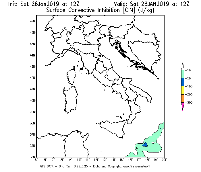Mappa di analisi GFS - CIN [J/kg] in Italia
									del 26/01/2019 12 <!--googleoff: index-->UTC<!--googleon: index-->