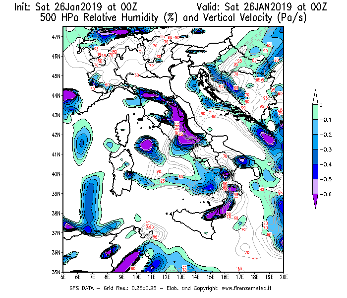Mappa di analisi GFS - Umidità relativa [%] e Omega [Pa/s] a 500 hPa in Italia
									del 26/01/2019 00 <!--googleoff: index-->UTC<!--googleon: index-->