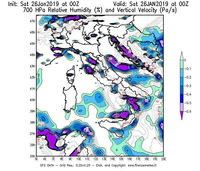 Mappa di analisi GFS - Umidità relativa [%] e Omega [Pa/s] a 700 hPa in Italia
							del 26/01/2019 00 <!--googleoff: index-->UTC<!--googleon: index-->