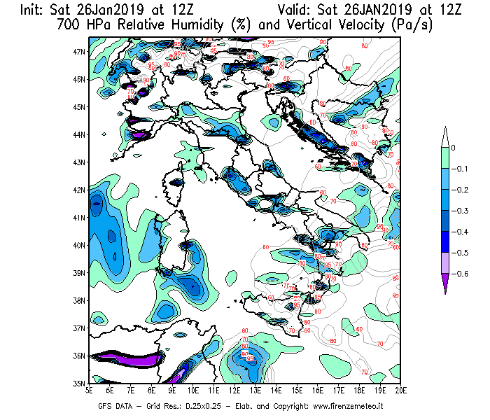 Mappa di analisi GFS - Umidità relativa [%] e Omega [Pa/s] a 700 hPa in Italia
							del 26/01/2019 12 <!--googleoff: index-->UTC<!--googleon: index-->