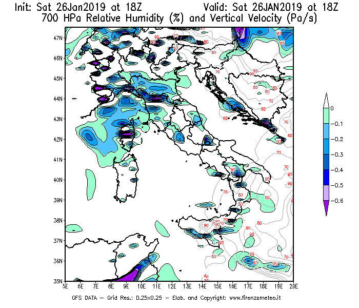 Mappa di analisi GFS - Umidità relativa [%] e Omega [Pa/s] a 700 hPa in Italia
							del 26/01/2019 18 <!--googleoff: index-->UTC<!--googleon: index-->