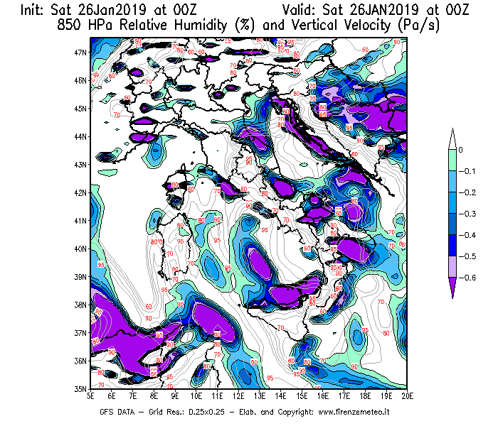 Mappa di analisi GFS - Umidità relativa [%] e Omega [Pa/s] a 850 hPa in Italia
									del 26/01/2019 00 <!--googleoff: index-->UTC<!--googleon: index-->
