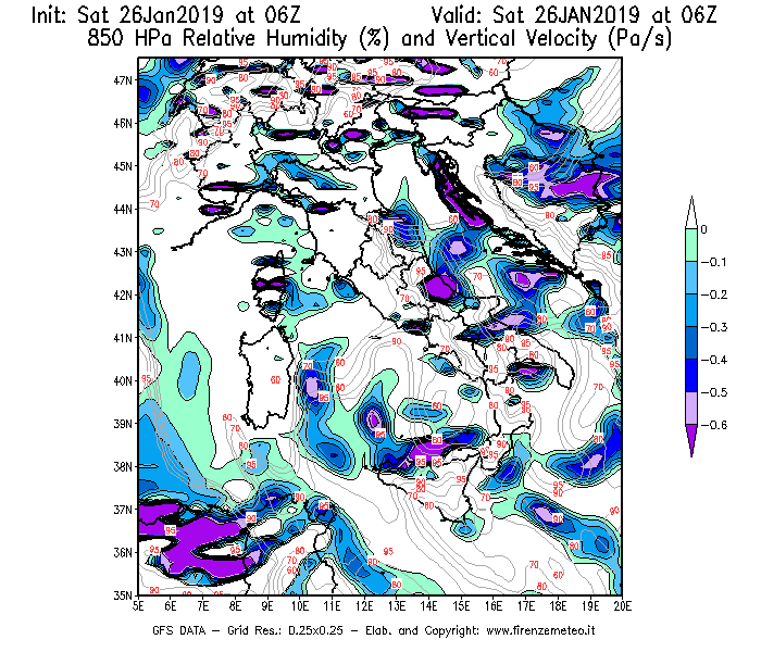 Mappa di analisi GFS - Umidità relativa [%] e Omega [Pa/s] a 850 hPa in Italia
									del 26/01/2019 06 <!--googleoff: index-->UTC<!--googleon: index-->