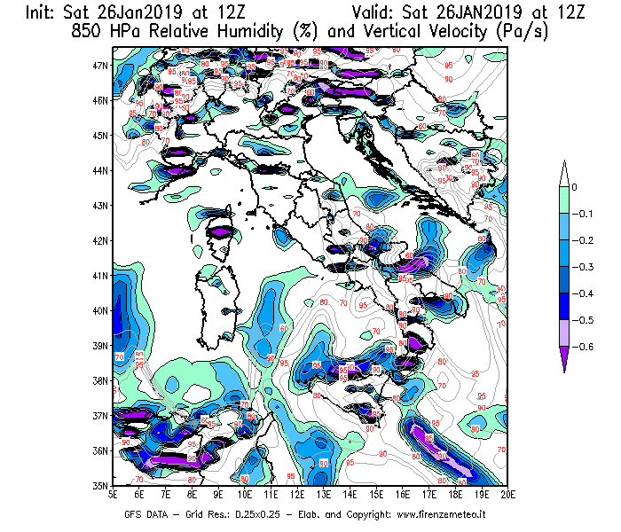 Mappa di analisi GFS - Umidità relativa [%] e Omega [Pa/s] a 850 hPa in Italia
									del 26/01/2019 12 <!--googleoff: index-->UTC<!--googleon: index-->