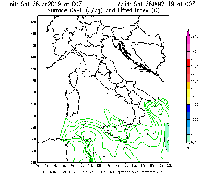 Mappa di analisi GFS - CAPE [J/kg] e Lifted Index [°C] in Italia
									del 26/01/2019 00 <!--googleoff: index-->UTC<!--googleon: index-->