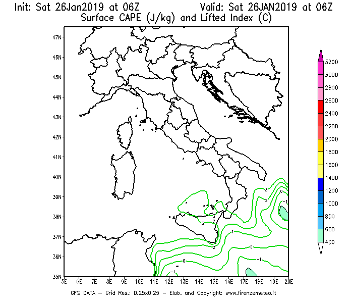 Mappa di analisi GFS - CAPE [J/kg] e Lifted Index [°C] in Italia
							del 26/01/2019 06 <!--googleoff: index-->UTC<!--googleon: index-->