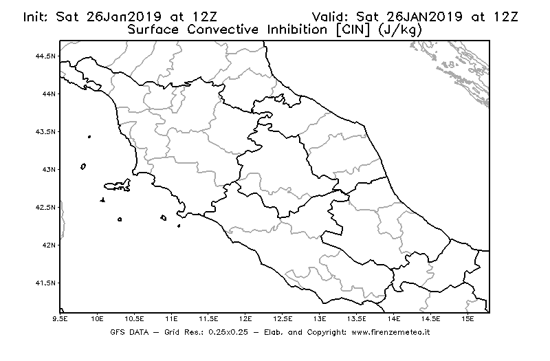 Mappa di analisi GFS - CIN [J/kg] in Centro-Italia
									del 26/01/2019 12 <!--googleoff: index-->UTC<!--googleon: index-->