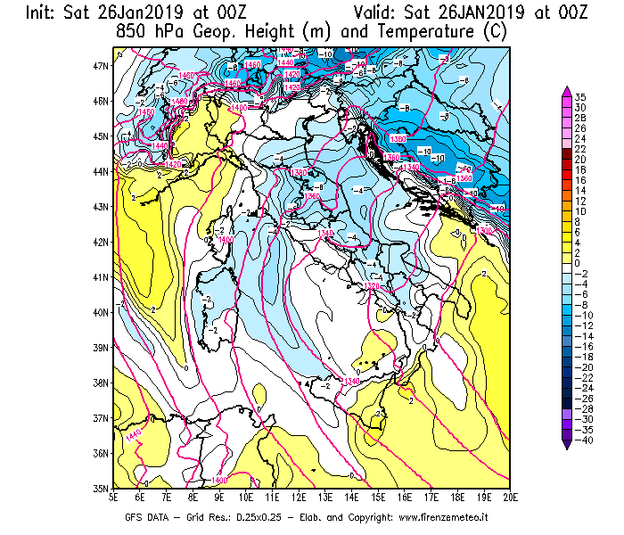 Mappa di analisi GFS - Geopotenziale [m] e Temperatura [°C] a 850 hPa in Italia
									del 26/01/2019 00 <!--googleoff: index-->UTC<!--googleon: index-->