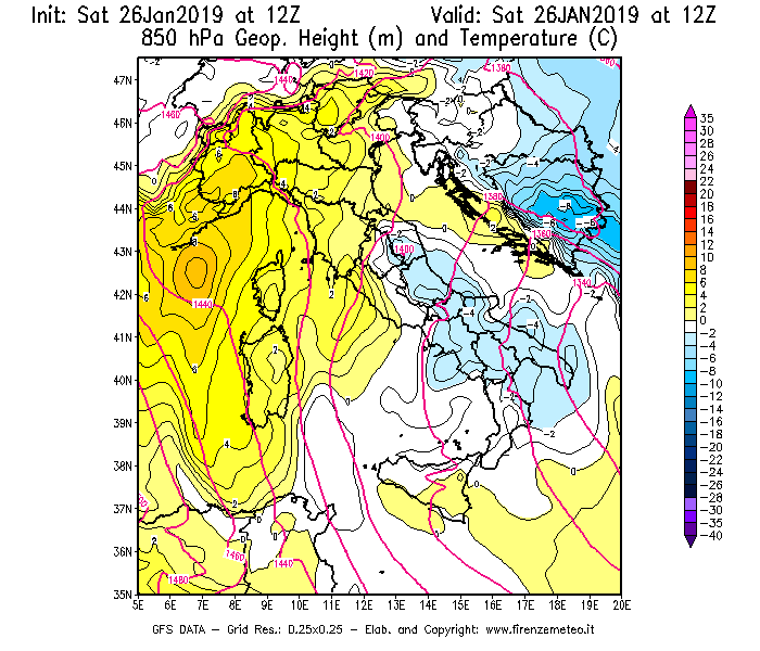 Mappa di analisi GFS - Geopotenziale [m] e Temperatura [°C] a 850 hPa in Italia
									del 26/01/2019 12 <!--googleoff: index-->UTC<!--googleon: index-->