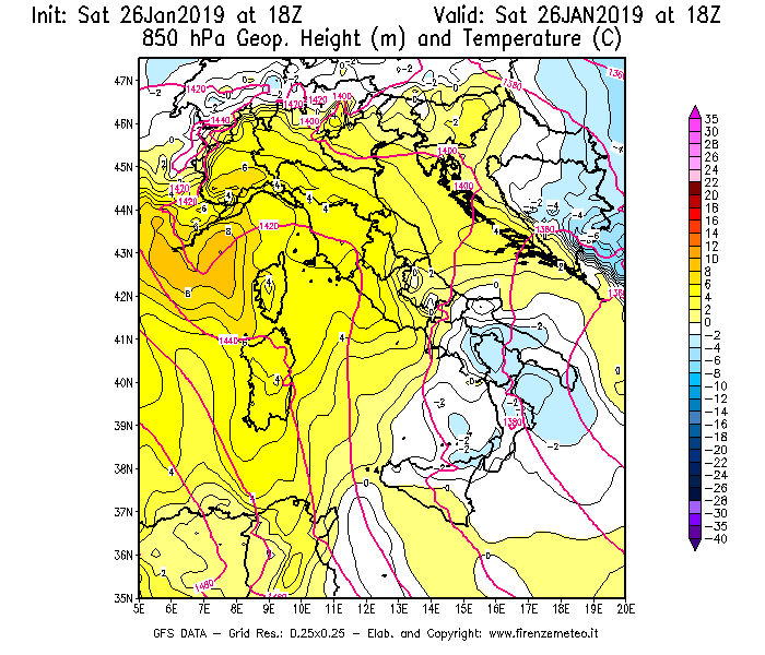 Mappa di analisi GFS - Geopotenziale [m] e Temperatura [°C] a 850 hPa in Italia
							del 26/01/2019 18 <!--googleoff: index-->UTC<!--googleon: index-->