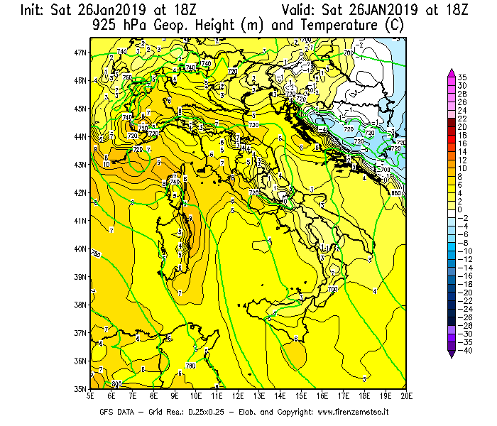 Mappa di analisi GFS - Geopotenziale [m] e Temperatura [°C] a 925 hPa in Italia
							del 26/01/2019 18 <!--googleoff: index-->UTC<!--googleon: index-->