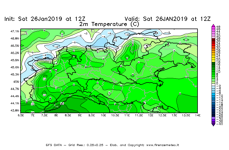 Mappa di analisi GFS - Temperatura a 2 metri dal suolo [°C] in Nord-Italia
							del 26/01/2019 12 <!--googleoff: index-->UTC<!--googleon: index-->