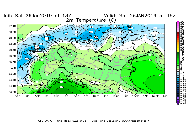 Mappa di analisi GFS - Temperatura a 2 metri dal suolo [°C] in Nord-Italia
							del 26/01/2019 18 <!--googleoff: index-->UTC<!--googleon: index-->